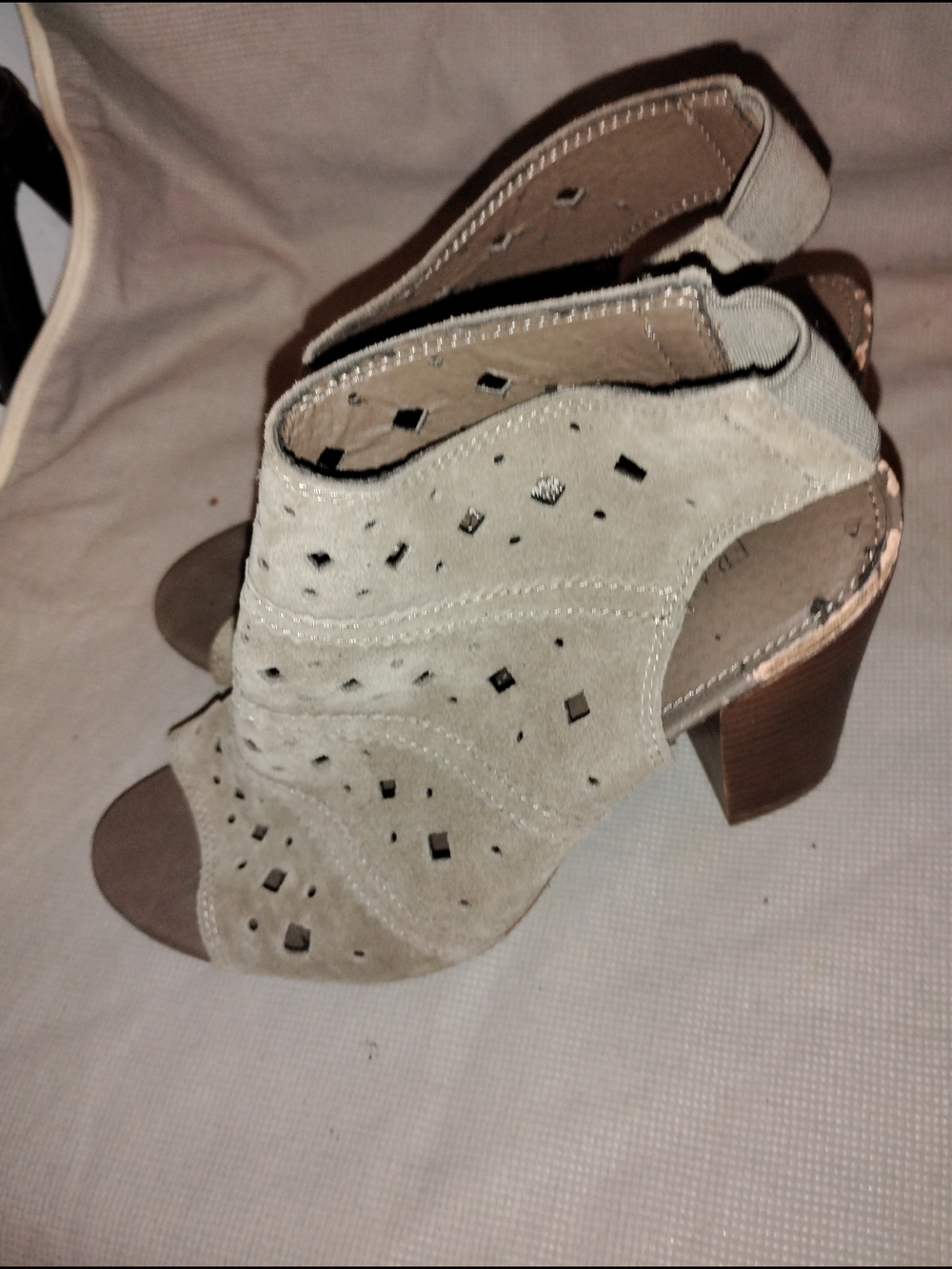 Womens Beige Suede Open-Toe Block Heel Sandal